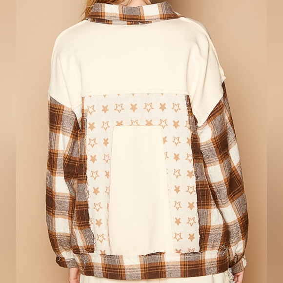 POL Shacket Star Plaid Bohemian Patchwork Exposed Raw Fray Seam Oversized Jacket - Picture 10 of 12